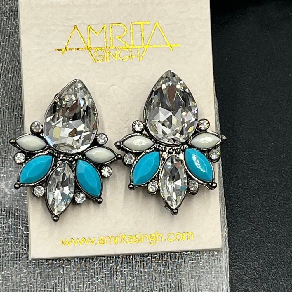 Amrita Singh Goa Turquoise and Ivory Austrian Crystal Stud Statement Earring New
